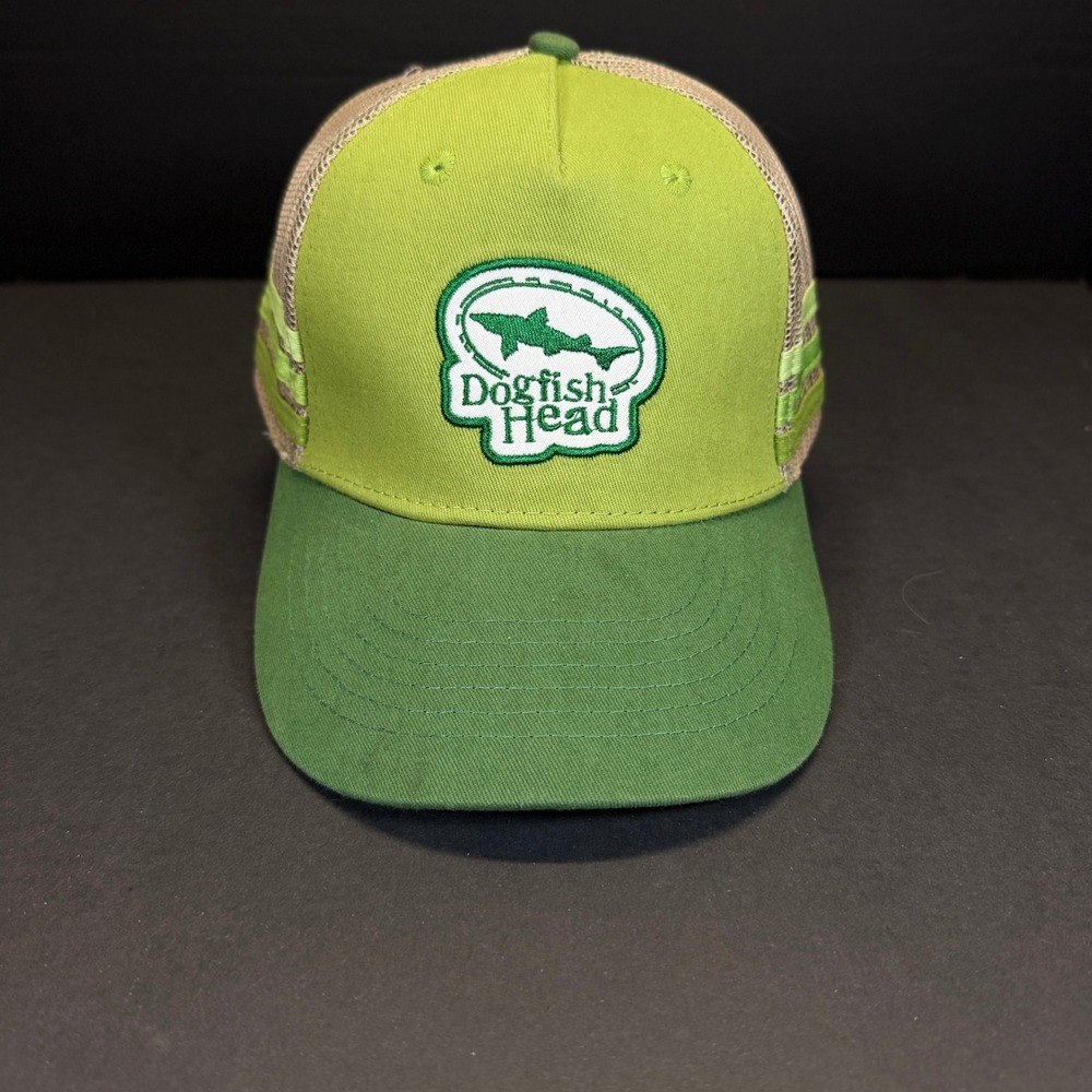 Dogfish Head Brewery 3 Stripe Trucker Hat Green Tan Mesh Snapback Beer Logo